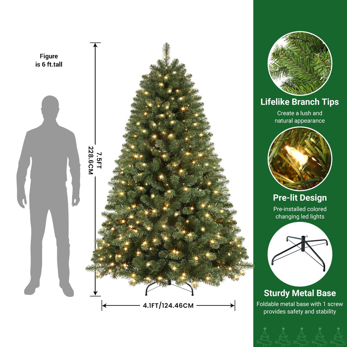 SHareconn 7.5ft Prelit Premium Artificial Classic Spruce Christmas Tree with Pre-lit 350 Warm White Lights, 1170 Branch Tips and Foldable Stand, Perfect Choice for Xmas Decoration, 7.5 FT, Green