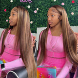 30 Inch 13x4 Highlight Ombre Straight Lace Front Wigs Human Hair Pre Plucked #4/27 Colored Glueless Wigs Honey Blonde Brazilian Lace Frontal Wigs Human Hair for black Women with Baby Hair