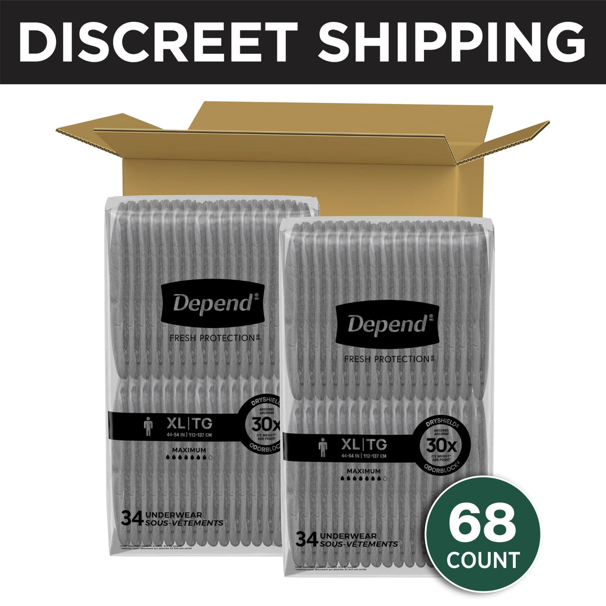 Depend Fresh Protection Adult Diapers, Incontinence Underwear for Men, Disposable, Maximum, Extra-Large, Grey, 68 Count (2 Packs of 34), Packaging May Vary