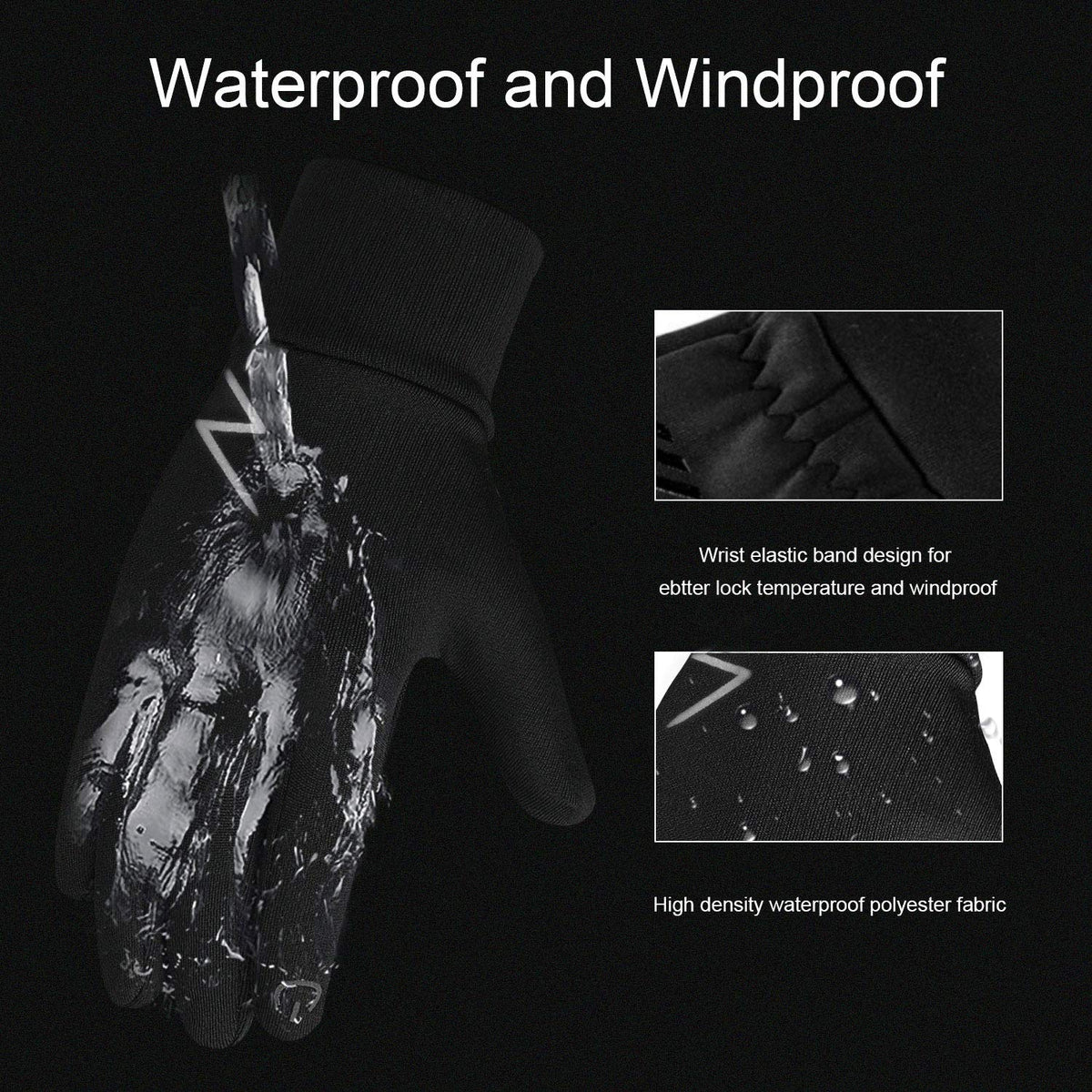 YukiniYa Kids Winter Gloves Back Water Repellent Touchscreen Warm Fleece Anti-Slip for Boys Girls Teen 3-15 Years (Black, XL(10-12 Years))