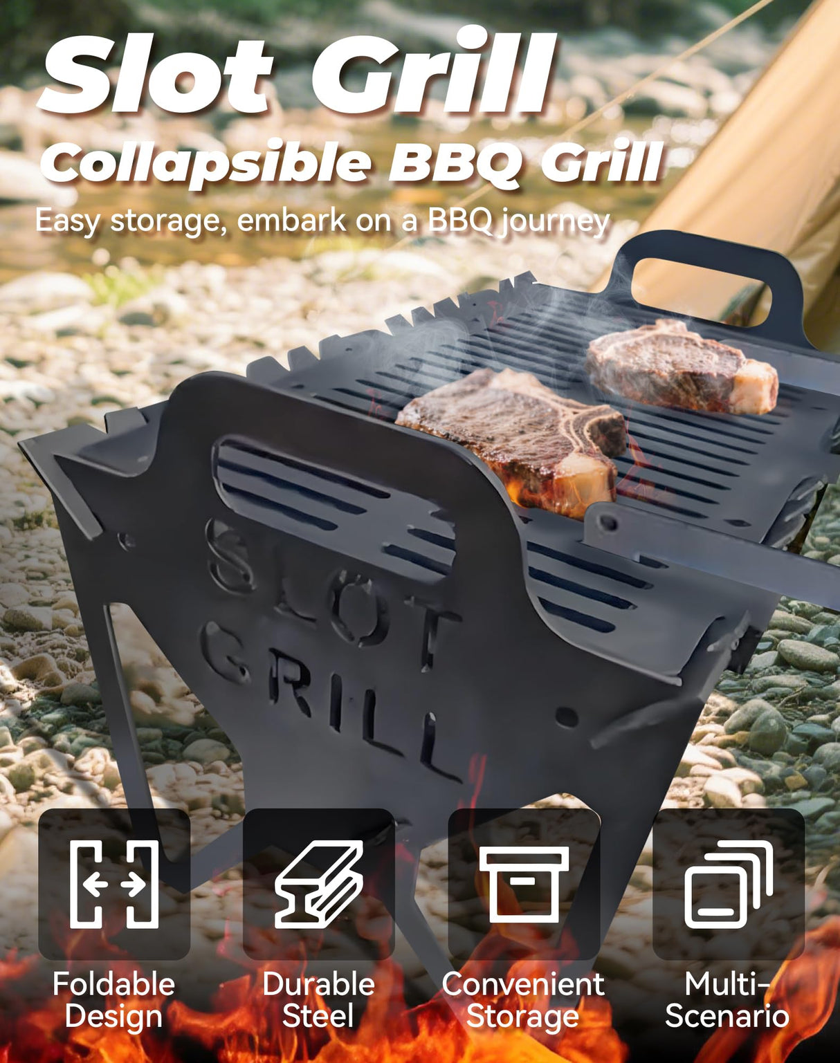 Slot Grill - Collapsible Bbq Grill For Easy Storage Steel, Stainless Steel Portable Slot Grill Collapsible Bbq Grill For Travel, Party, Large Cooking Surface, Adjustable Tool-Free Assembly