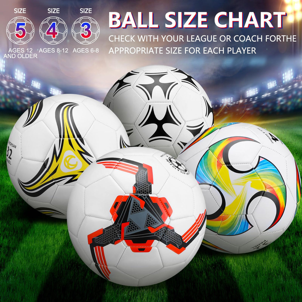 Tradder 4 Pack Operation Christmas Soccer Balls Bulk with Pump Size 3 4 5 Deflated Soccer Balls for Outdoor Indoor Sport Gift for Youth Teens Adult Charity Donation(Mixed Style,Size 5)