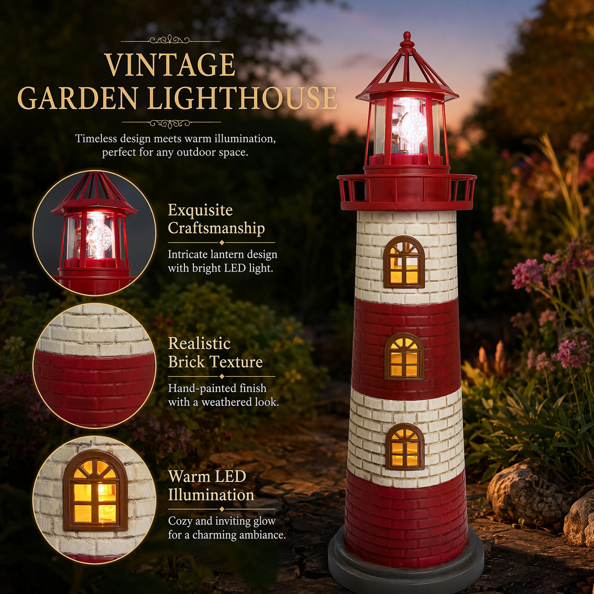 Large Garden Statues 23" Coastal Garden Decor for Outside - Lighthouse Solar Lights Outdoor Waterproof Patio Lawn Yard Decorations, Unique Housewarming Gift Garden Gifts for Family Friends (Red)