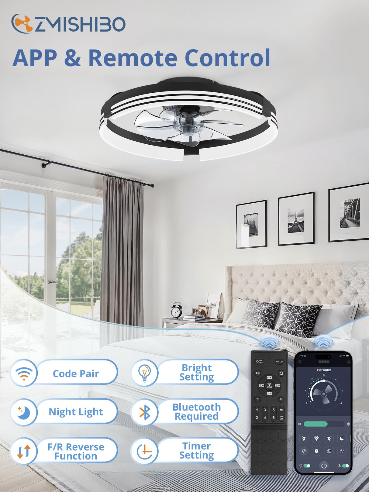 ZMISHIBO Low Profile Ceiling Fans with Lights and Remote, 20 Inch Flush Mount Ceiling Fan with Light, 3000K-6000K Dimmable Fandelier LED Fan Light, 6 Wind Speeds Black Ceiling Fans for Bedroom
