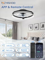 ZMISHIBO Low Profile Ceiling Fans with Lights and Remote, 20 Inch Flush Mount Ceiling Fan with Light, 3000K-6000K Dimmable Fandelier LED Fan Light, 6 Wind Speeds Black Ceiling Fans for Bedroom