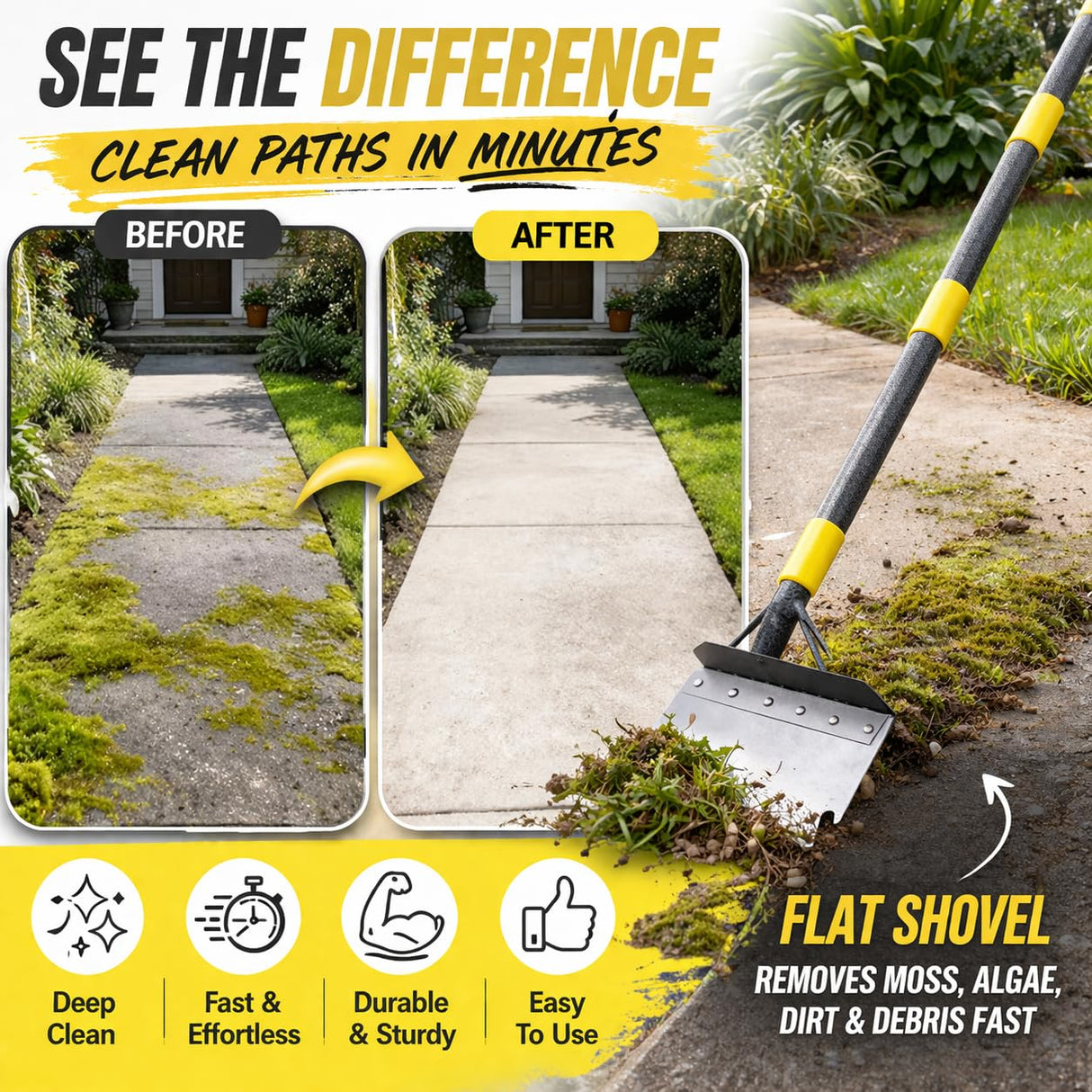 Weed Scraper Tool for Driveway Cracks, Long Handle Floor Scraper for Removing Weeds, Moss & Dirt, Heavy Duty Rustproof Metal Blade, Stand-Up Weeder for Sidewalk, Patio & Lawn Edging