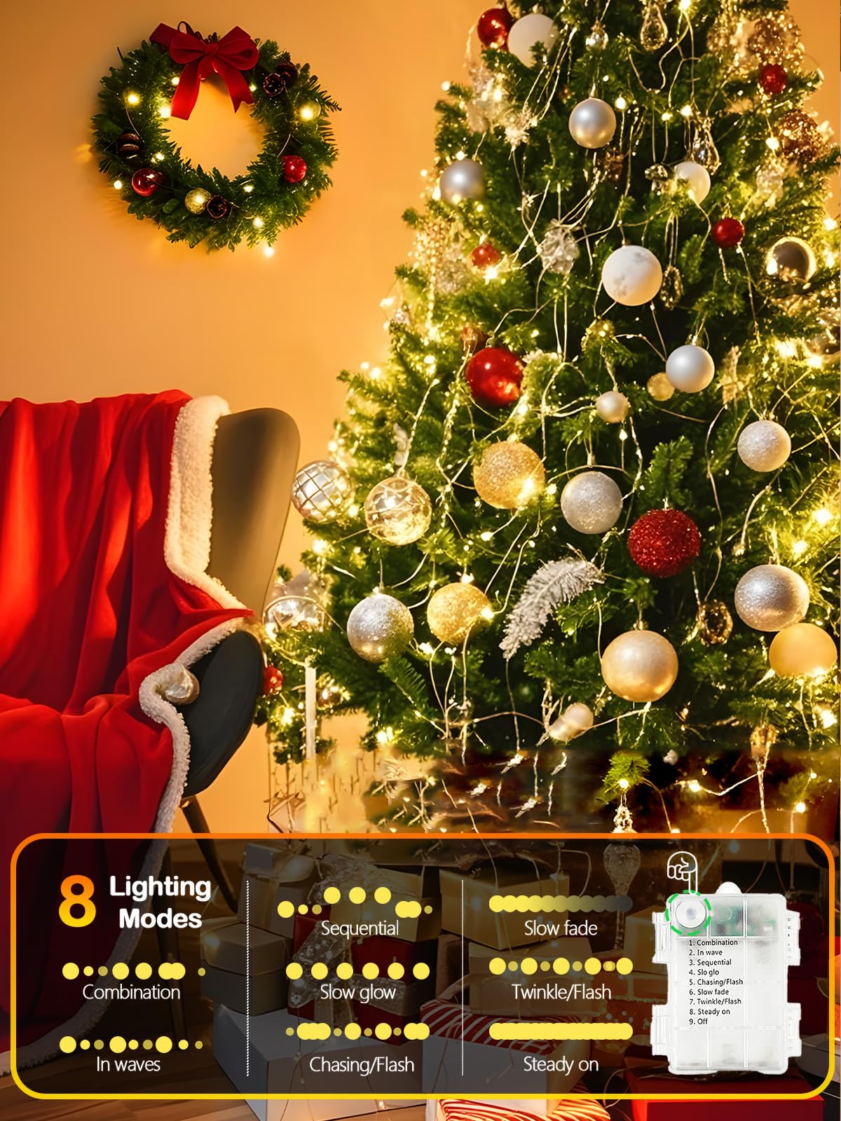4 Pack 100 LED Fairy Lights Battery Operated with Remote, 33FT Waterproof Twinkle Lights with Timer & 8 Modes, Fairy String Light Outdoor Indoor for Bedroom Classroom DIY Christmas Decor (Warm White)