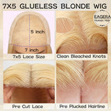 EAGERA 28 Inch 613 Blonde Glueless Wigs Human Hair Pre Plucked Pre Cut 7x5 Blonde HD Lace Front Wig 613 Pre Bleached Glueless Wigs 3 Seconds Wear and Go Closure Wig Human Hair 200% Density for Women