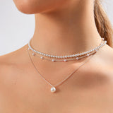 Zeffy Layered Silver Pearl Necklaces for Women Silver Plated Dainty Layered Tiny Single Pearl Choker Trendy Cute Silver Necklace Stack Wedding Jewelry Sets for Women Bridesmaid Gifts