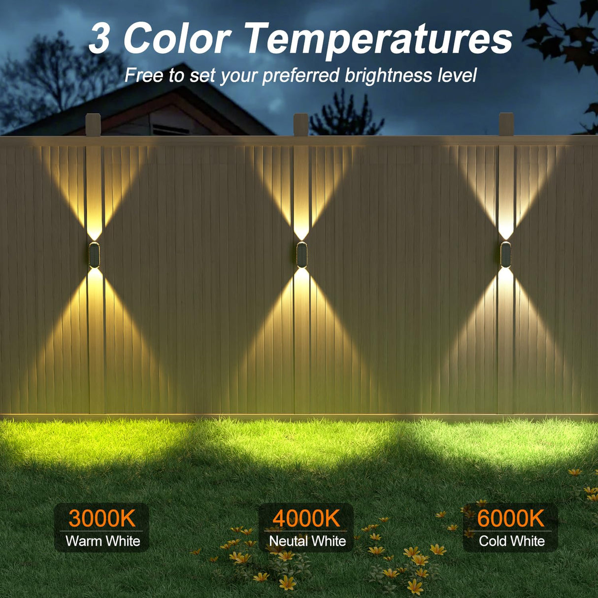 Ellasay Solar Fence Lights Outdoor: 6-Pack Solar Powered Wall Lights Up and Down Waterproof IP65-3 Color Brighter LED Focus Lens SolarLights Dusk to Dawn 12h for Patio/Backyard/Porch/Railing