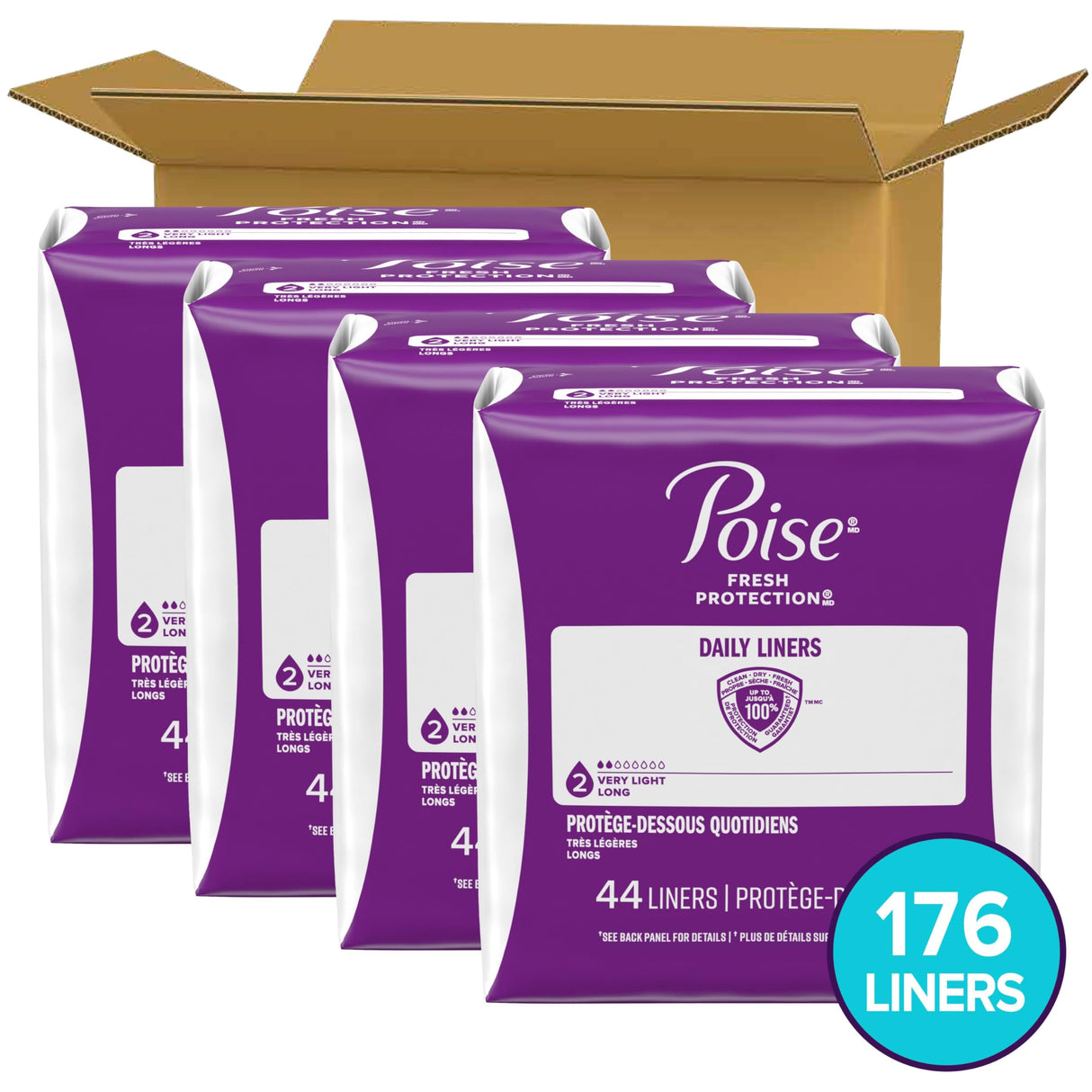 Poise Daily Liners, Incontinence Panty Liners, 2 Drop Very Light Absorbency, Long Length, 176 Count of Pantiliners (4 Packs of 44), Packaging May Vary