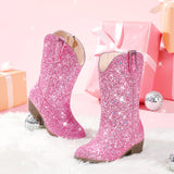 Motasha Cowgirl Boots For Girls Sparkle Girl Cowboy Boots Big Kids Glitter Sequin Dress Toddler Girls' Boot Dressy Western Sparkly Pink 8 Year Old Size 1 Christmas Halloween(M7122 Sequins Pink 1)