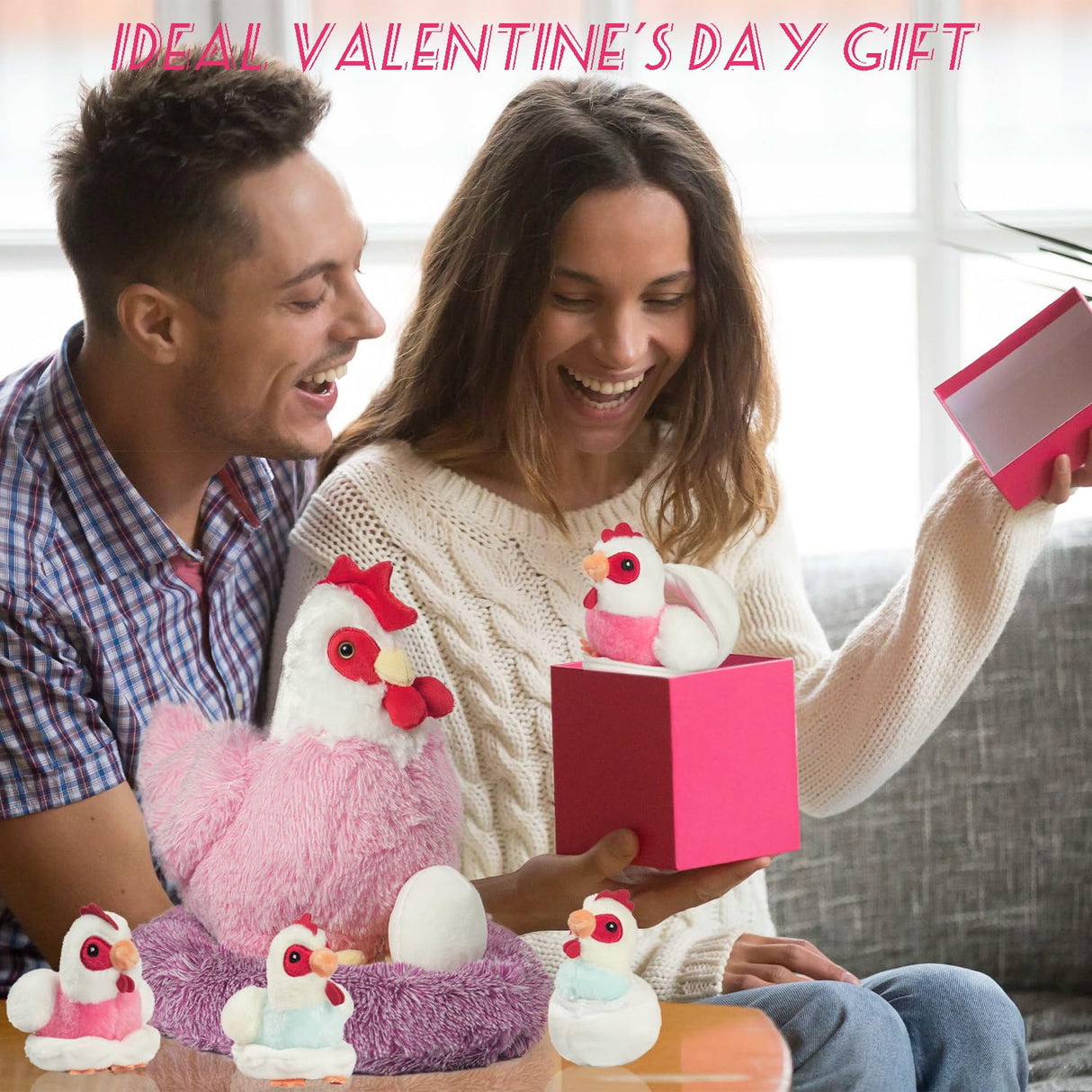 9 in 1 Chicken Stuffed Animal Set, Stuffed Chicken Toys for Kids Egg Laying Hen with Coop, Baby Chicks Plush Chickens and Eggs for Girls Kids Christmas Birthday Easter Gifts Farm Party Decor (Pink)