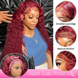 99j Burgundy Lace Front Wigs Human Hair 30 Inch 200 Density 13x6 Deep Wave Lace Front Wigs Human Hair Pre Plucked Red Curly Human Hair Wig HD Frontal Glueless Colored Wet And Wavy Loose Deep Wave