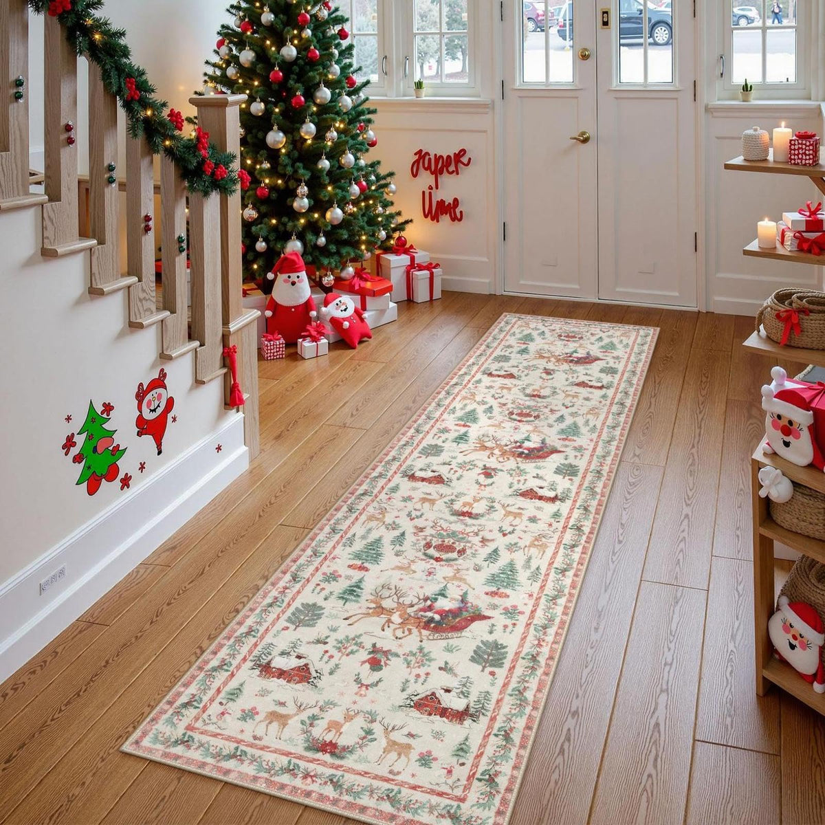 Lahome Christmas Runner Rug 2x8 Beige Rug Runners for Hallways Non Slip,Washable Kitchen Bathroom Runner Rug,Soft Christmas Tree Santa Claus Carpet Runner for Entryway Holiday Decor(2'x8',Beige)