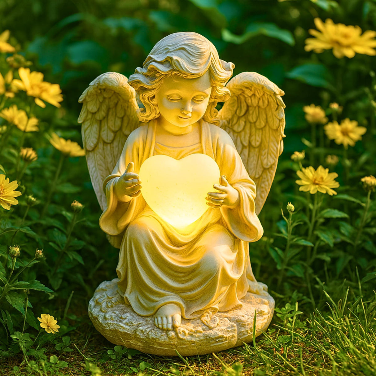 TIALLY Solar Garden Angel Statue – Praying Guardian Angel Statue Light for Outdoor Yard Decor, White Resin Garden Sculpture with Soft Glow for Angels Memorial or Cemetery Use