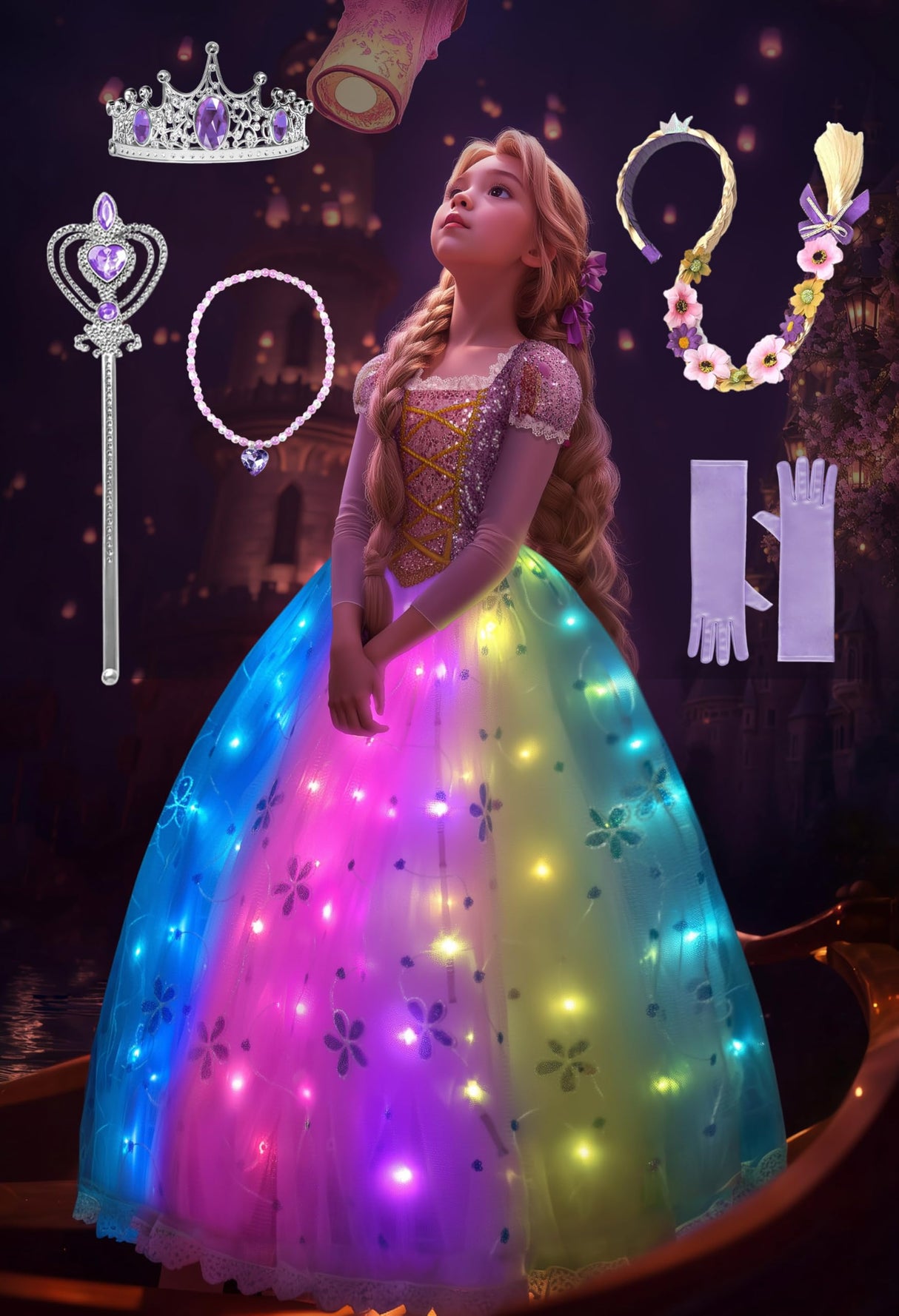 Princess Costume for Girls 3-9, RGB Lights Music Sync Princess Dress Up Clothes Girls Halloween Costumes with Accessories, Toddler Princess Dress App Remote Control for Birthday, Party, Christmas