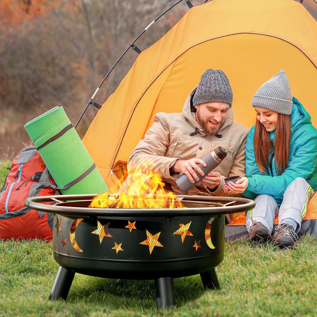 32 Inch Round Fire Pit with Mesh Cover, Fire Poker, Star and Moon Design, Metal Wood Burning Outdoor Firepit for Patio, Backyard, Garden, Bonfire Party,Perfect for Christmas, Thanksgiving, Halloween