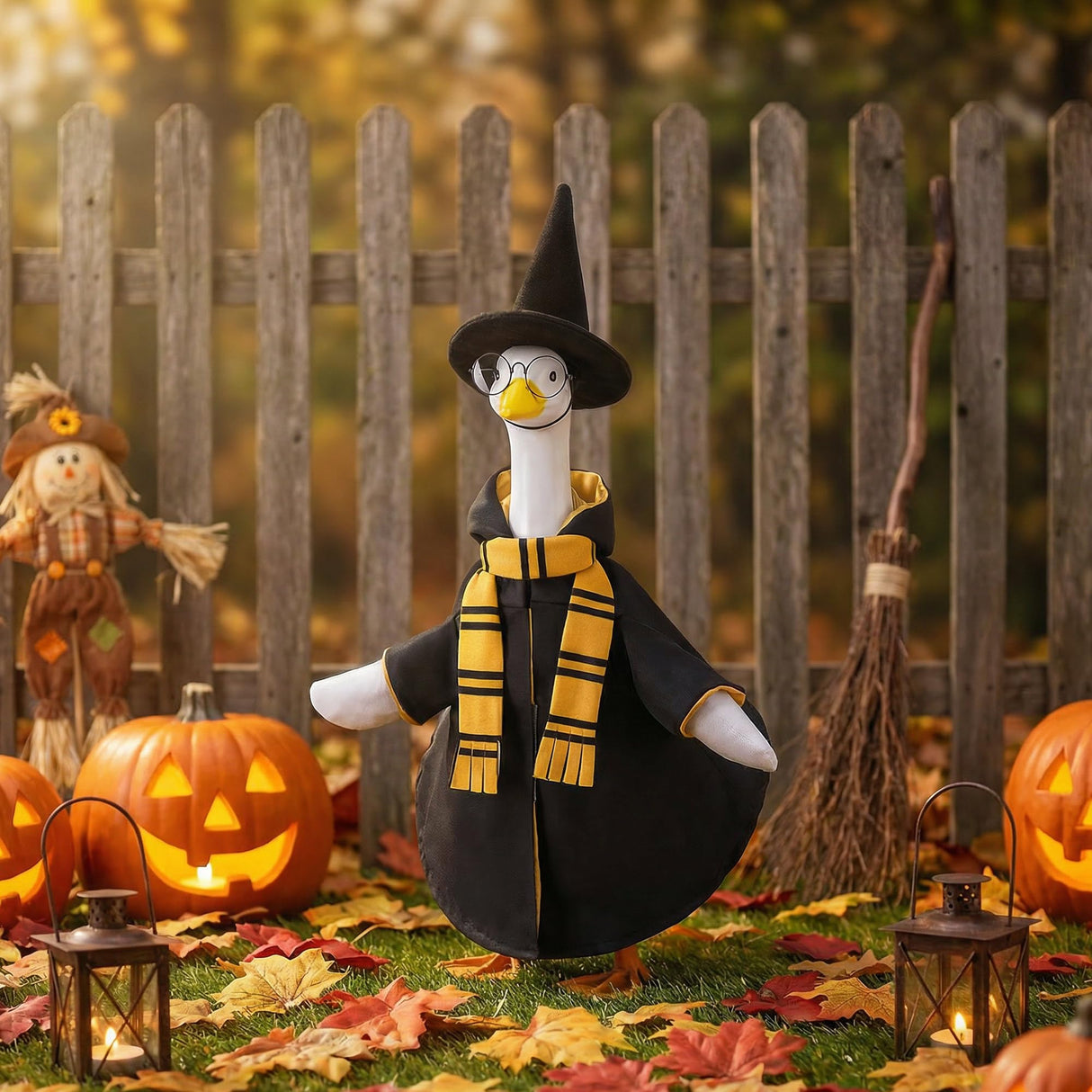Tmovjxv 4 Pcs Halloween Wizard Porch Goose Outfit, Lawn Porch Goose Clothes Wizard Costume for 23'' Statue, Witch Garden Geese Outfit with Hat Scarf Glasses for Patio Yard Christmas Decor (Yellow)