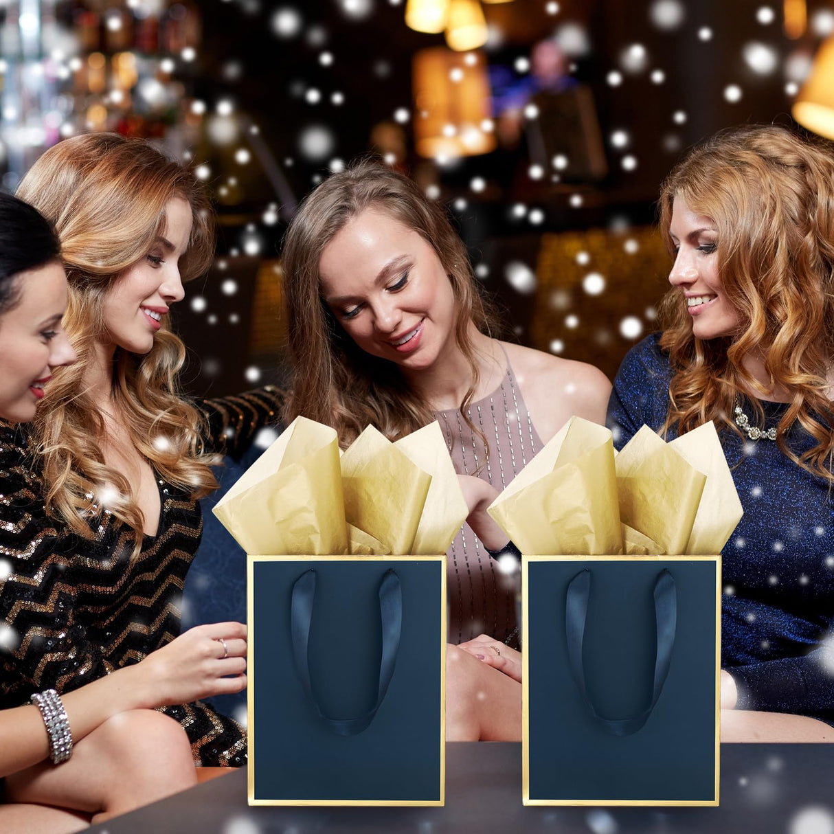 Yeaqee 24 Pack Metallic Paper Gift Bags with Handle and Tissue 9x7x3.1 Gold Foil Welcome Favor Bags Return Gifts for Wedding Fall 5 Senses Christmas Bridesmaid Birthday(Navy Blue, Gold)