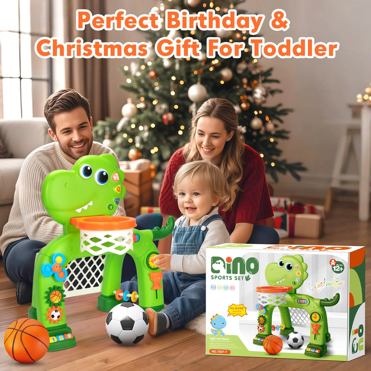 Toddler Basketball Hoop & Soccer Goal, Baby Toys for 1 2 3 Year Old Boys Girls, Kids Sports Toy with Light Sound Music, Dinosaur Toys for 12-16-18 Months, Christmas Birthday Gifts for Ages 1-3