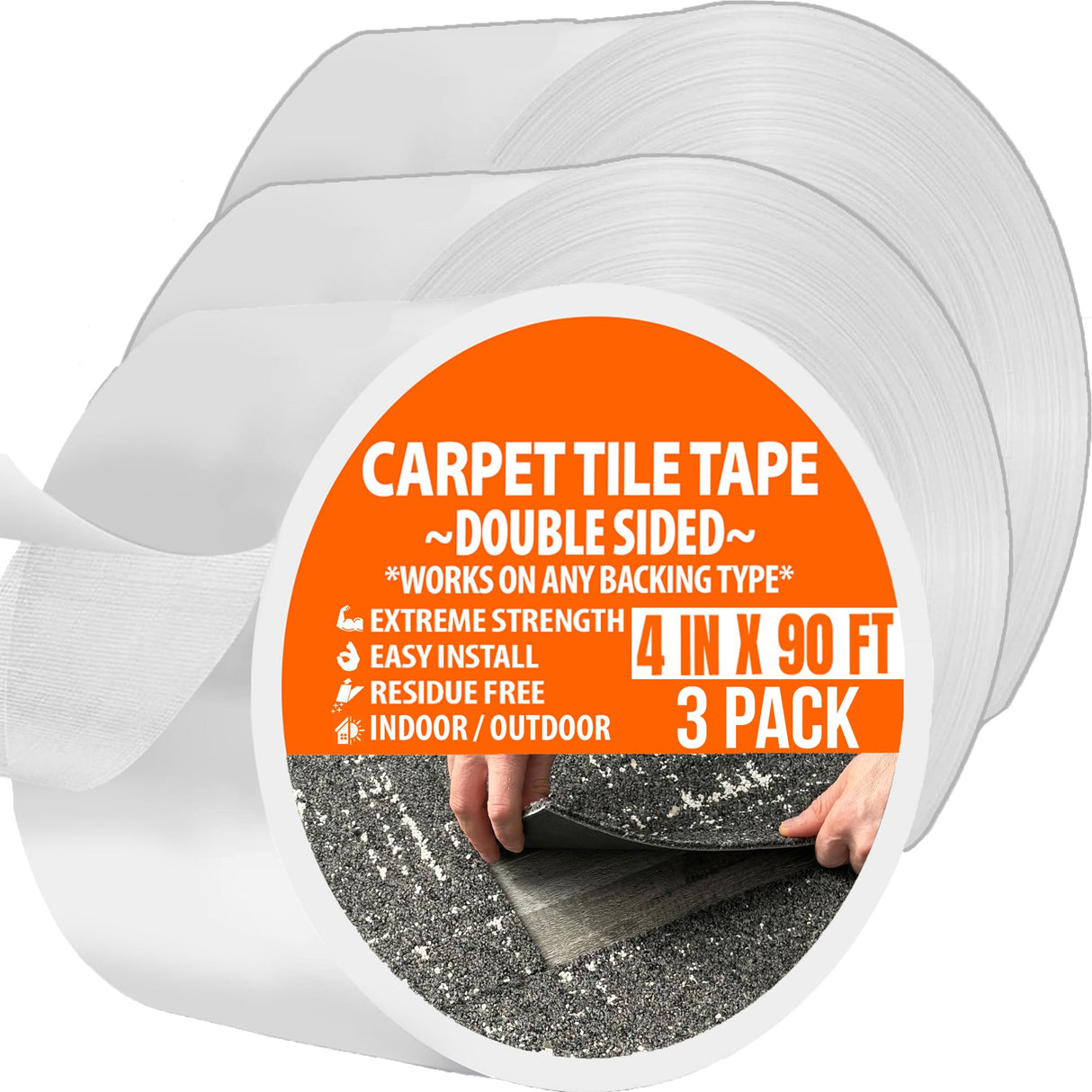 All Flooring Now Carpet Tile Tape Double Sided 4in x 90ft (3 Pack) Heavy Duty Reinforced Web Mesh Residue Free - Indoor Outdoor for Carpet Tiles, Hardwood, Vinyl, Rugs, Carpet, Rubber & Mat Gripper