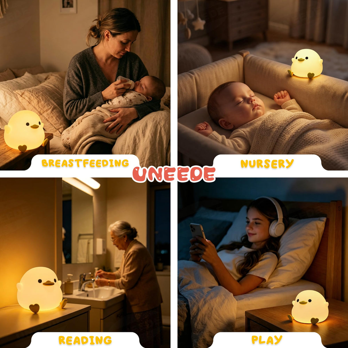 UNEEDE LED Cute Bean Duck Night Light, DoDo Duck Silicone Nursery Night Light Squishy Dimmable Rechargeable Table Bedside Lamp with Touch Sensor for Bedrooms, Living Room Unique Dorm Decor Gift Toy