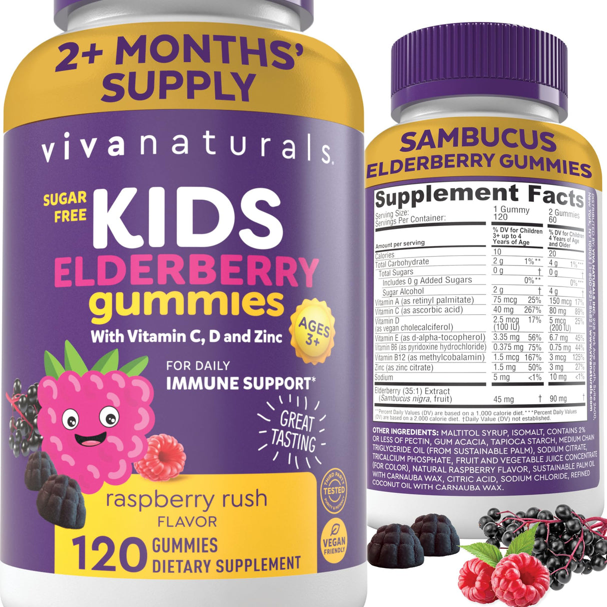 Viva Naturals Sugar-Free Sambucus Elderberry Gummies for Kids, 8-in-1 Children Immune Support with Vitamin C & Zinc – Chewable, Vegan & Gluten-Free (120 Count) for Daily Wellness