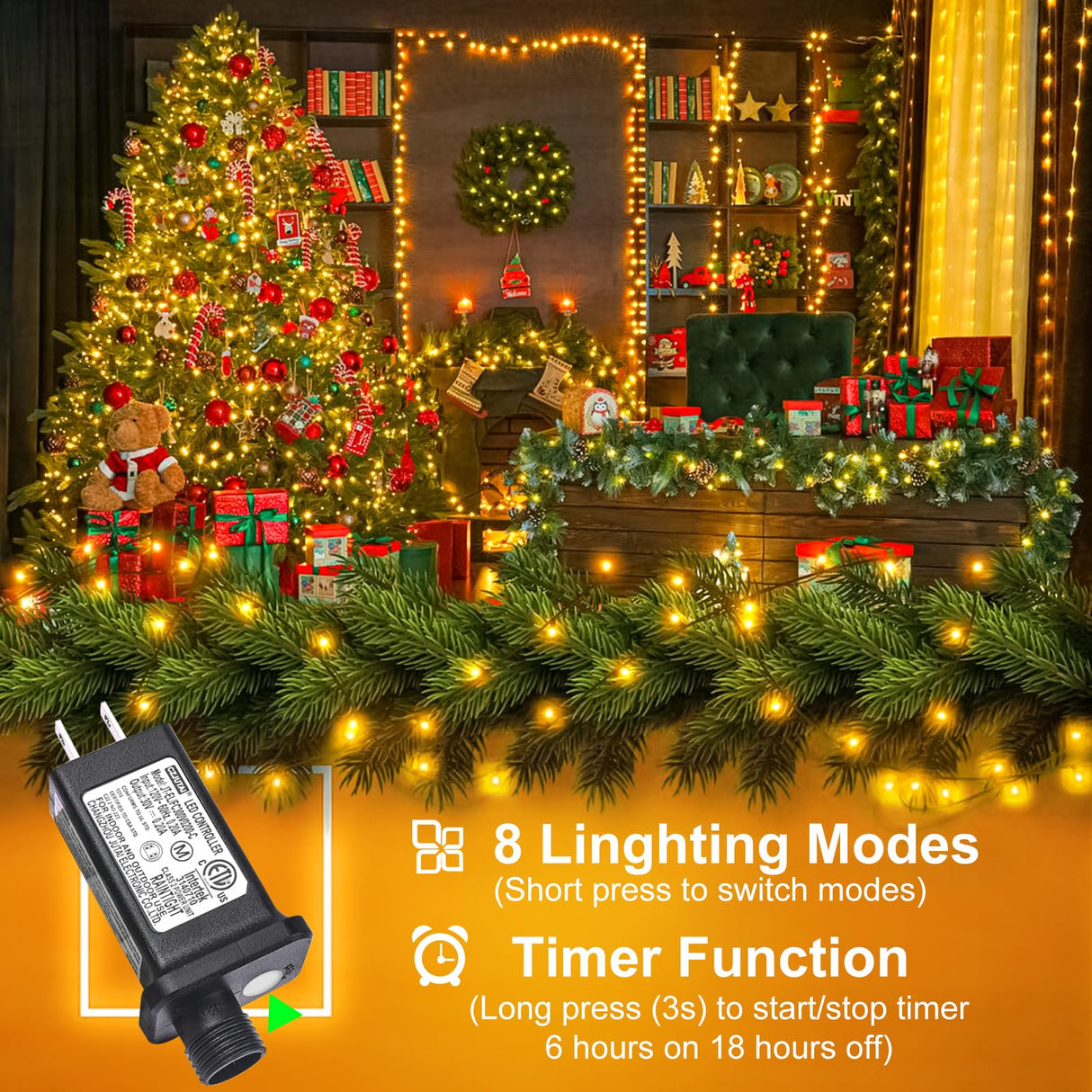 Nielfoi 2 Pack Christmas Lights Outdoor, Total 200FT 600LED Christmas Tree Lights with 8 Modes Waterproof, Warm White String Twinkle Lights Green Wire for Indoor Patio Garden Xmas Holiday Decorations