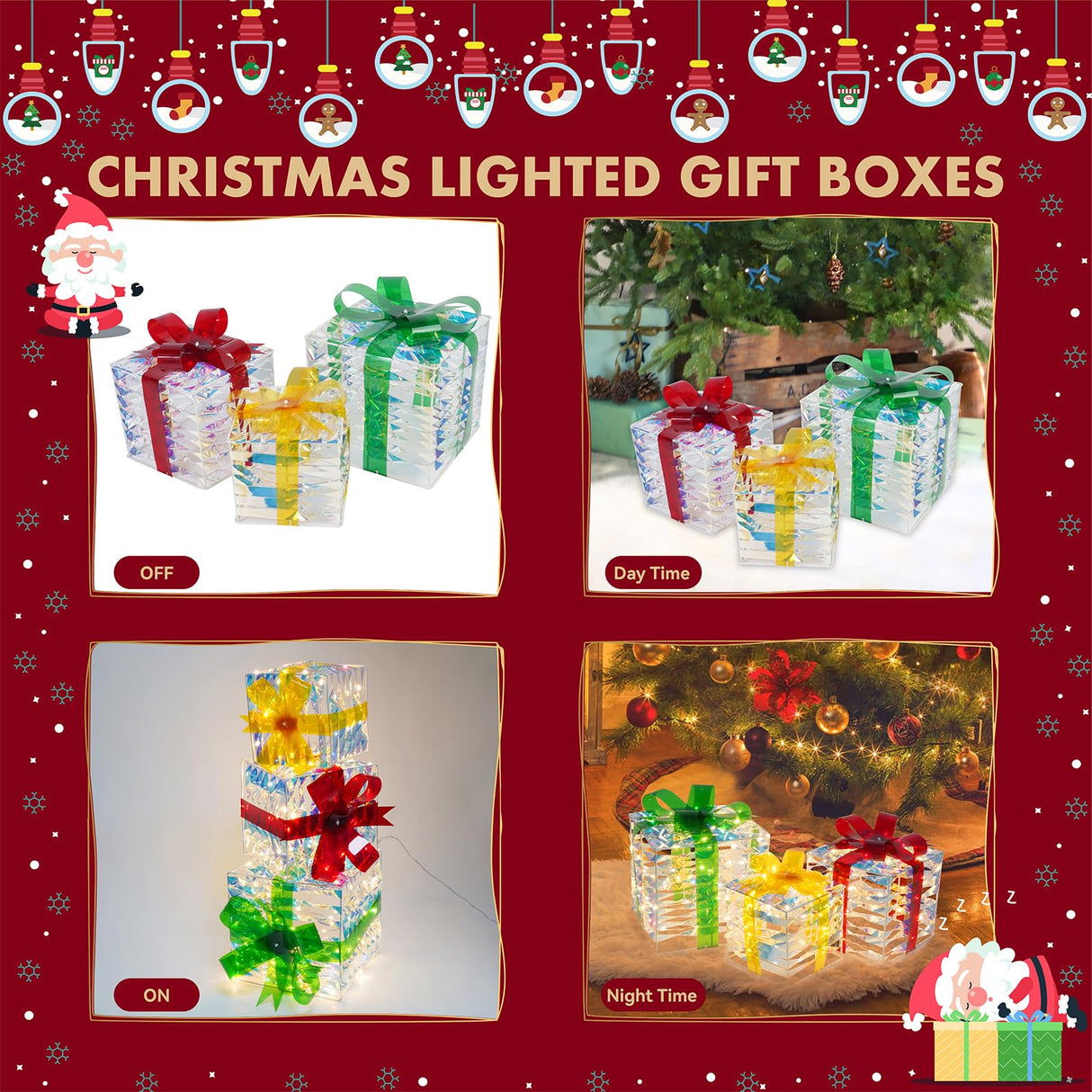 Set of 3 Christmas Lighted Gift Boxes with 140 LED Lights, Plug-in Holiday Decorations for Xmas Tree, Home, Indoor Outdoor Décor