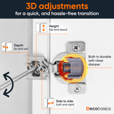 Decobasics 60 Pack Soft Close Cabinet Hinges – 7/16" Overlay for Kitchen Cabinet Doors, Face Frame Concealed Hidden Hinges – Stainless Steel, Self-Closing with 3-Way Adjustment & Slow Close Damper