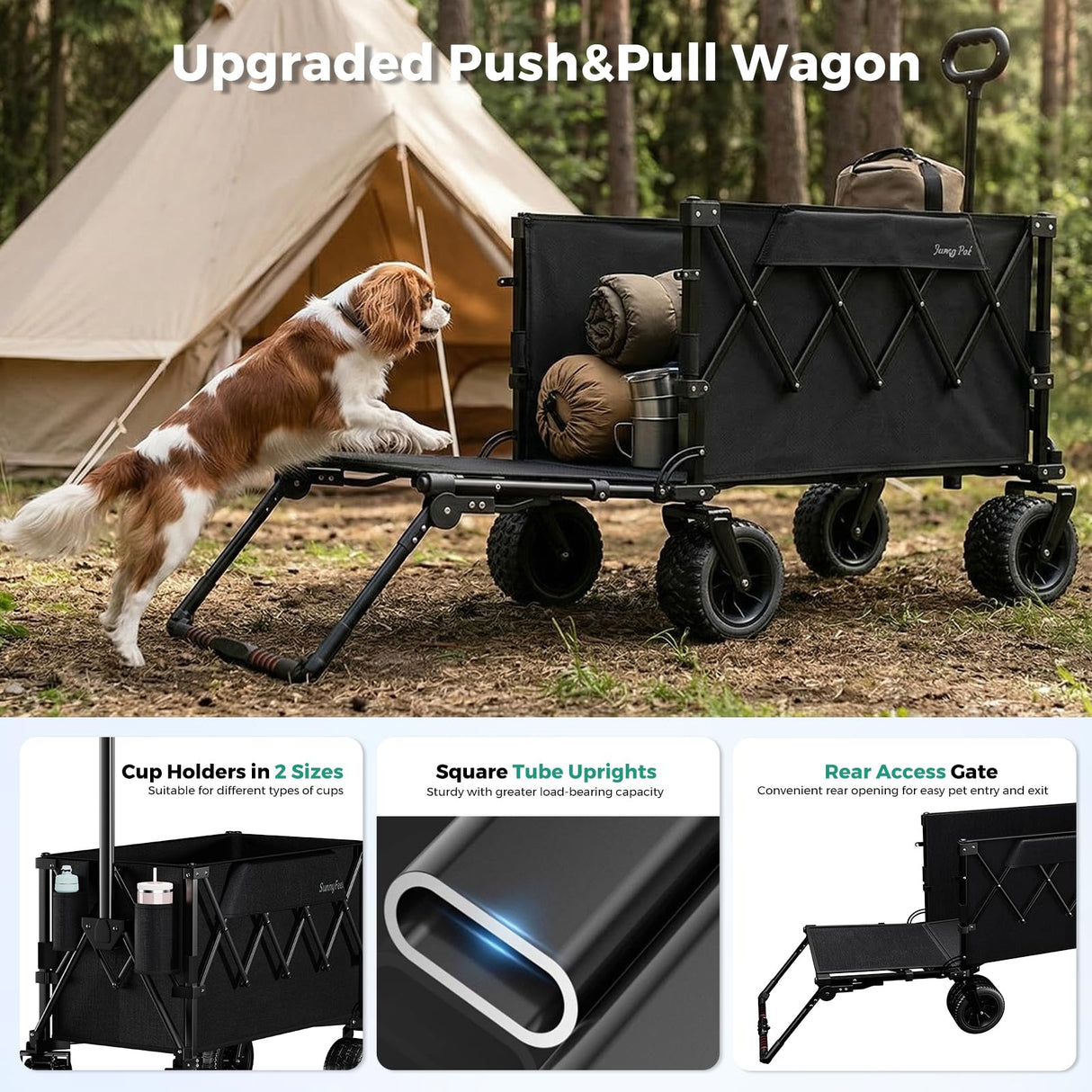SUNNYFEEL 550LBS Push Pull Foldable Wagon with Tailgate & Big Wheels