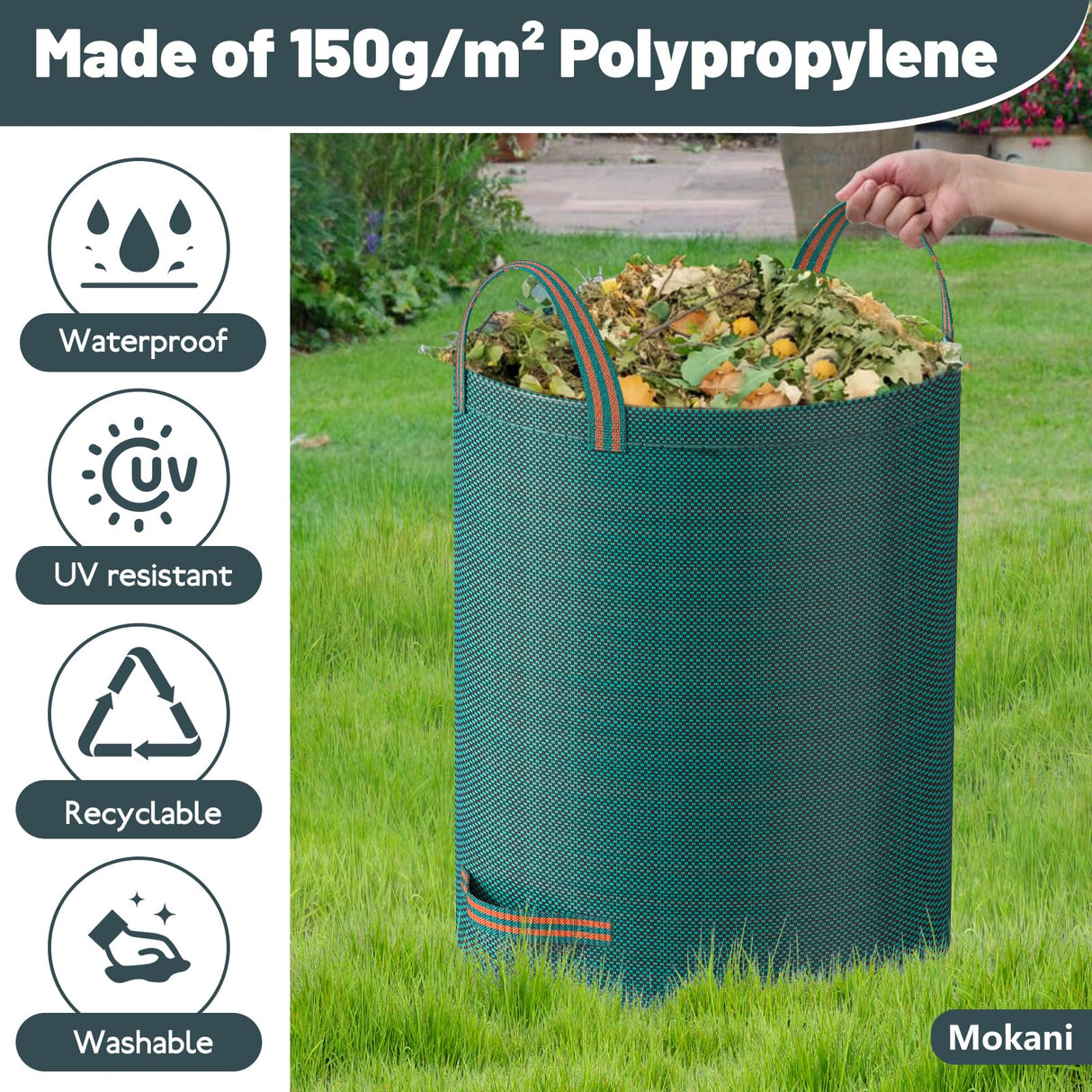 Mokani Reusable Yard Waste Bags, 79 Gallon Lawn and Leaf Bags 3 Packs, Heavy Duty Garden Bags With Reinforced Handles, Camping Yard Recycling Leaf Bag for Leaves