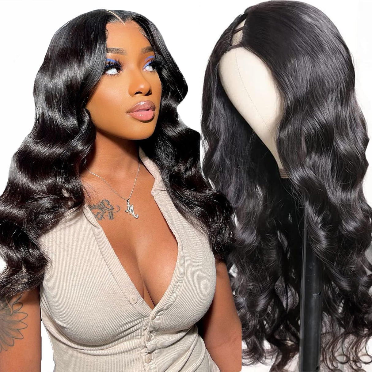 Glowig U Part Human Hair Wig Body Wave for Women Brazilian Remy Upart Human Hair Wig Beginner Friendly No Sew in NO Glue 180% Density Natural Color 20Inch