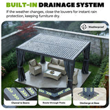 MELLCOM 10x12 Louvered Pergola Adjustable Roof w/Curtains & Mesh
