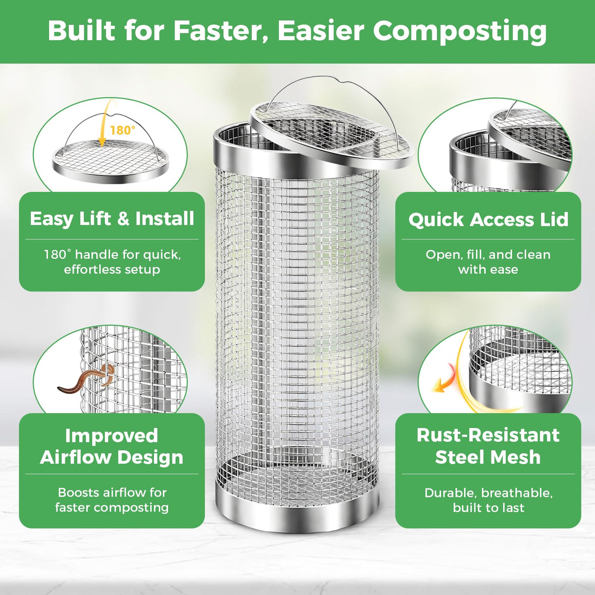 2 Pack Worm Composter Worm Bin, Stainless Steel Inground Compost Bin with Handle, Metal Worm Composting System for Kitchen Food Waste Recycling, Outdoor Garden Vermicomposting Bin w/Lid, Easy Install