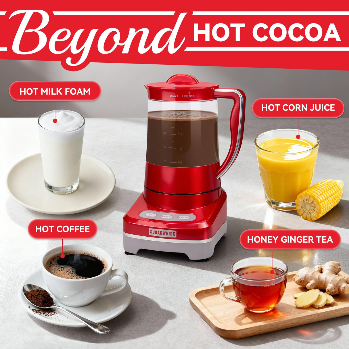 SugarWhisk 29 Oz Hot Chocolate Maker Machine, Electric Milk Frother and Steamer, Hot Cocoa Maker Machine for Hot Chocolate Bar, Detachable Pitcher, 2 Speed Mode, 3.5 Cups, Red