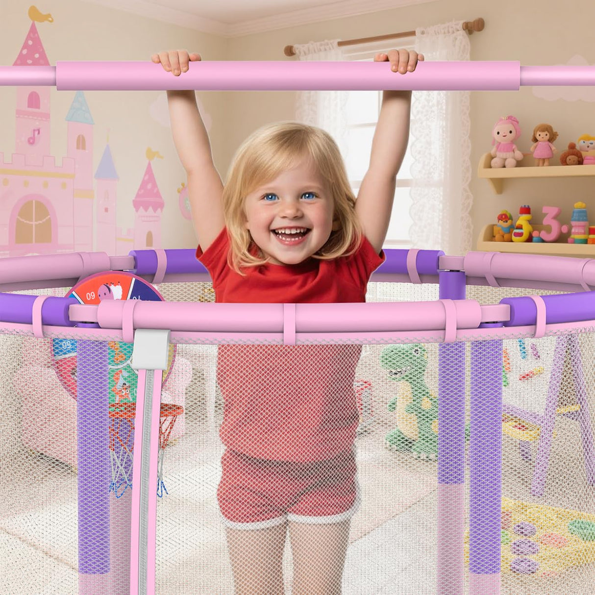 LANGXUN 60" Trampoline for Kids, 5ft Toddler Mini 6-in-1 Trampoline Indoor Outdoor with Swing, Basketball Hoop, Dart Board, Rings, Christmas Toys Birthday Gifts for Girls Boys