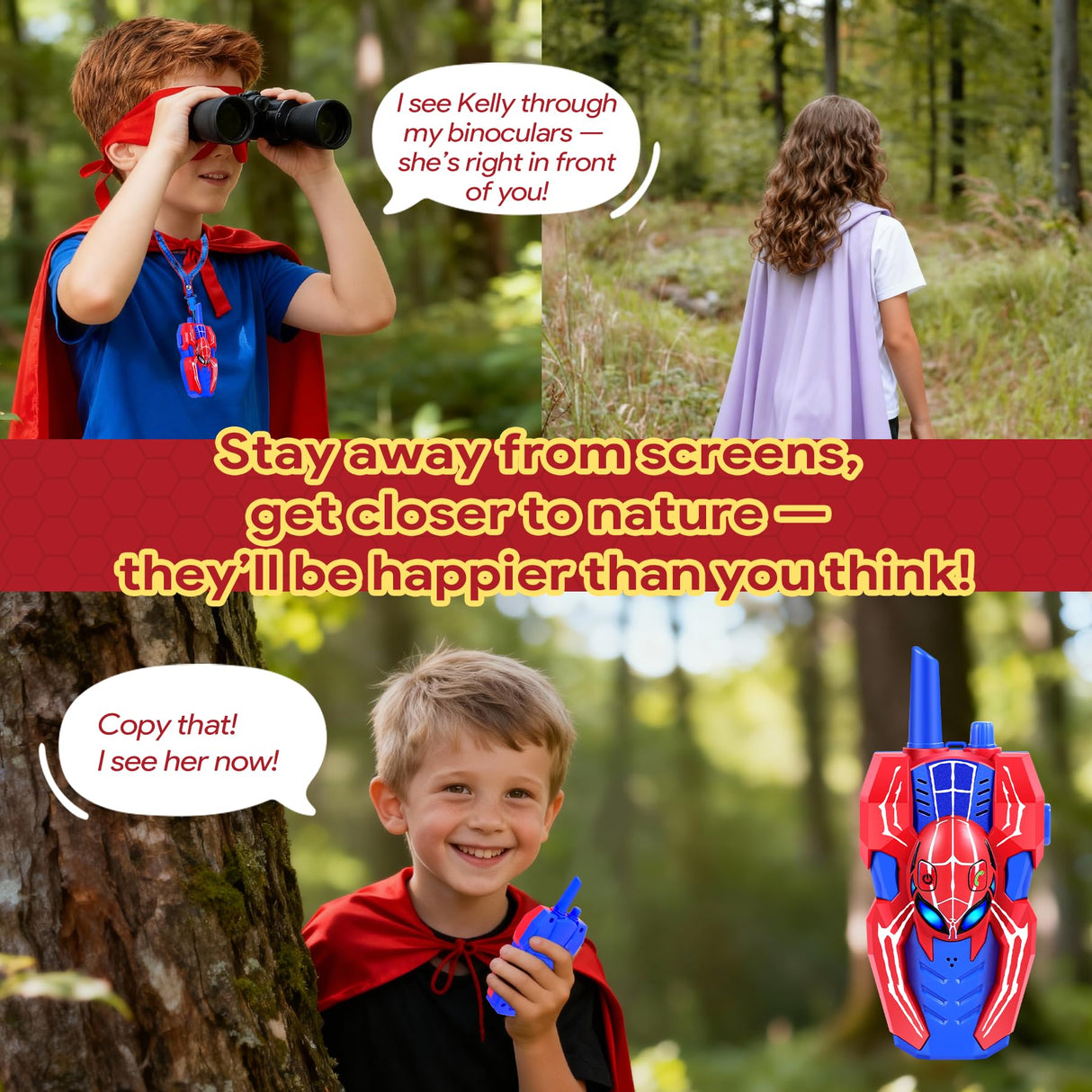 Vvinca Spider Walkie Talkies for Kids Toys Ages 3 4 5 6 7 8 9 10 Boys Girls 3 Pack Superhero Toys Lanyard Long Range Clear Sound Outdoor Game Camping Gear Spy Gadgets & Easter Christmas Birthday Gifts