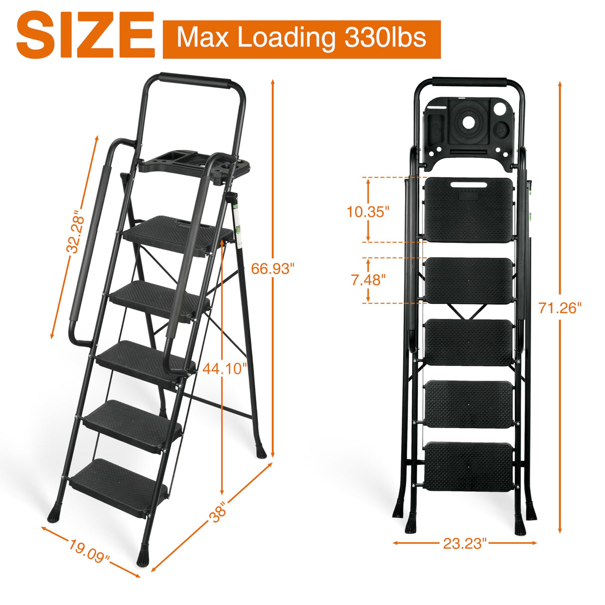 Step Ladder, Folding Step Stool with Wide Anti-Slip Pedals, Sturdy Steel Ladder with Handrail, Space-Saving, Portable for Home & Adults, 5 Step Ladder