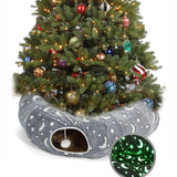 LUCKITTY Cat Tunnel Bed Under Christmas Tree with Plush Ball Toy Playground Crinkle Collapsible Self-Luminous Flannel Fabric 3FT for Large Cats Kittens Kitty Small Animals Puppy Grey Moon Star