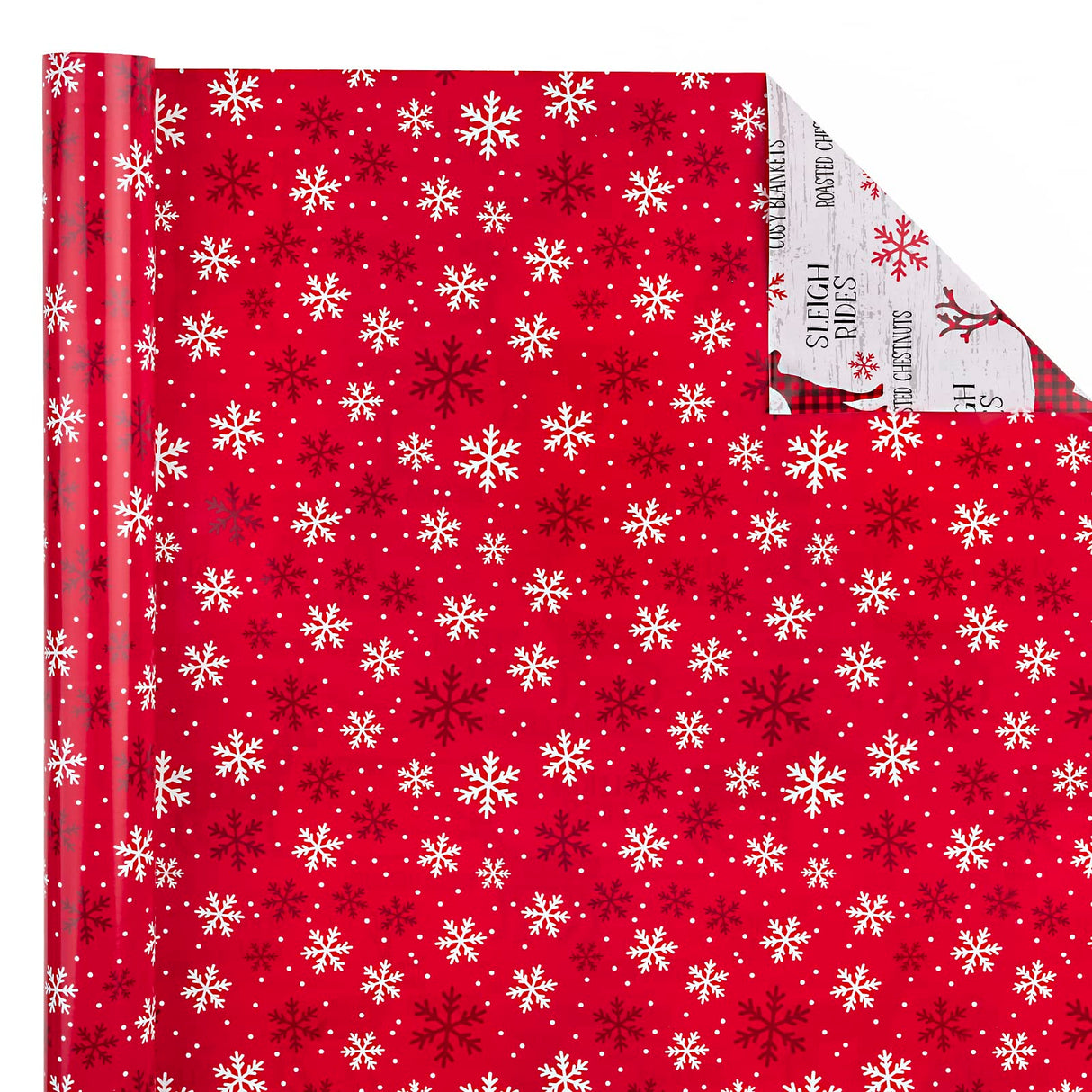 WRAPAHOLIC 30 Inch Jumbo Reversible Christmas Wrapping Paper - 30 Inch x 100 Feet Jumbo Roll Red White Reindeer and Snowflake Wrapping Paper for Christmas, Holiday, Party