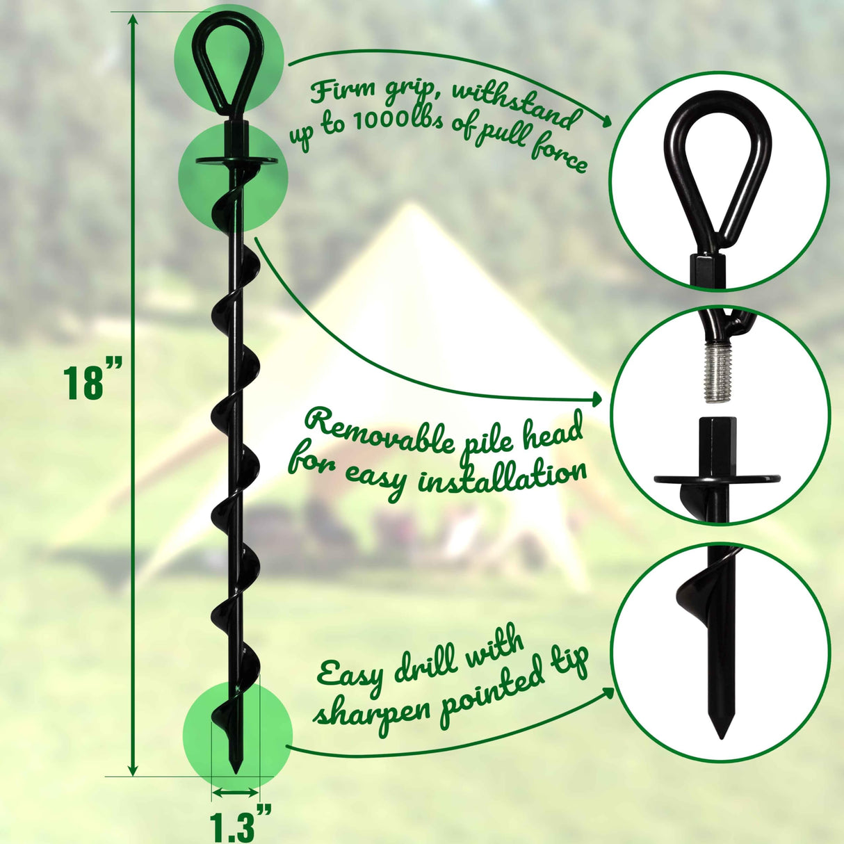 VASGOR 18" Ground Anchors (4pcs) Easy to Use with Drill, Heavy Duty Anchor Hook for Camping Tent, Canopies, Car Ports, Sheds, Swing Sets, Securing Animals – Black Powder Coated