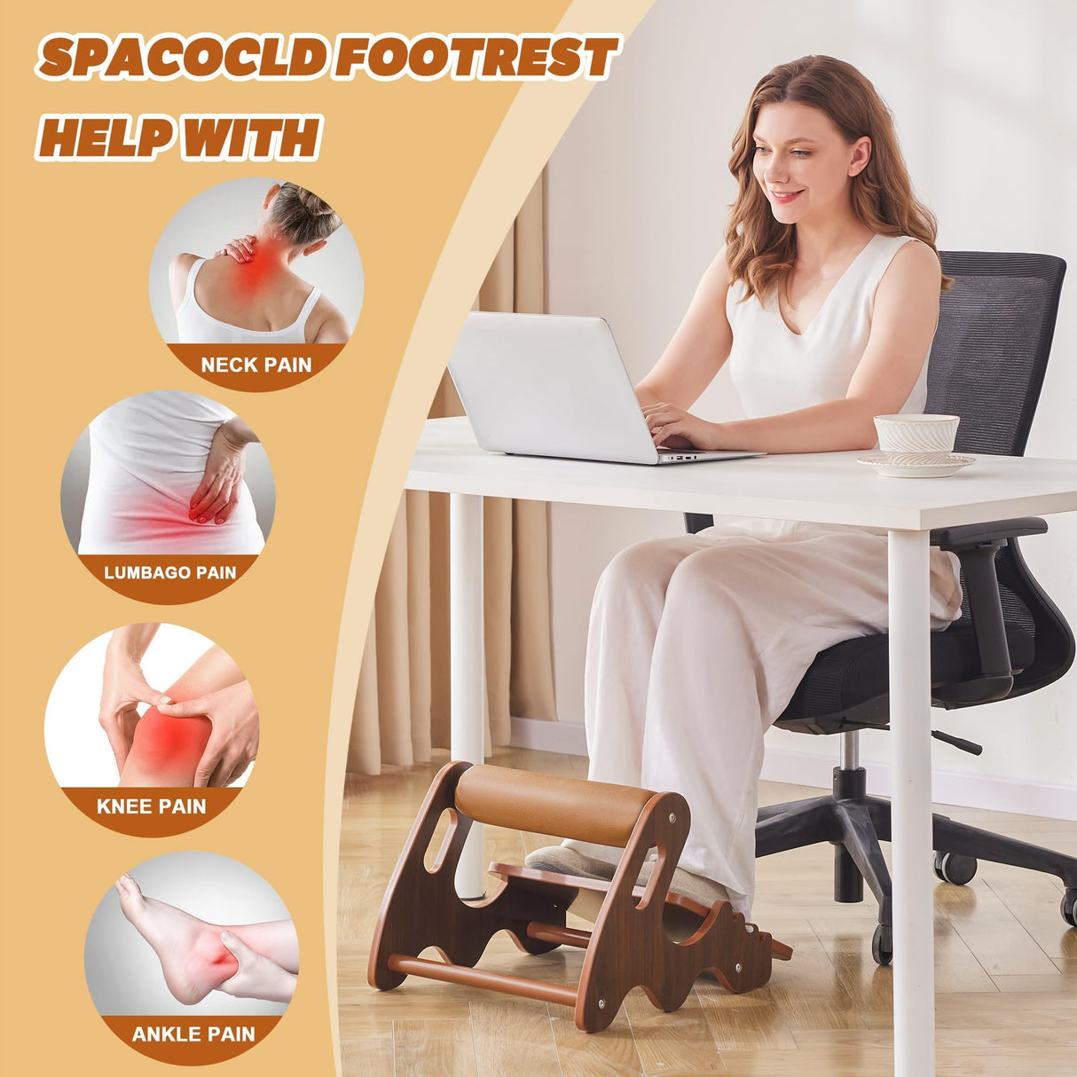 Spacocld Foot Rest for Under Desk at Work- Adjustable Rocking Foot Stool with 3 Height Positions and Soft Crossbar, Ergonomic Wooden Footrest with Anti-Slip Surface for Home, Office