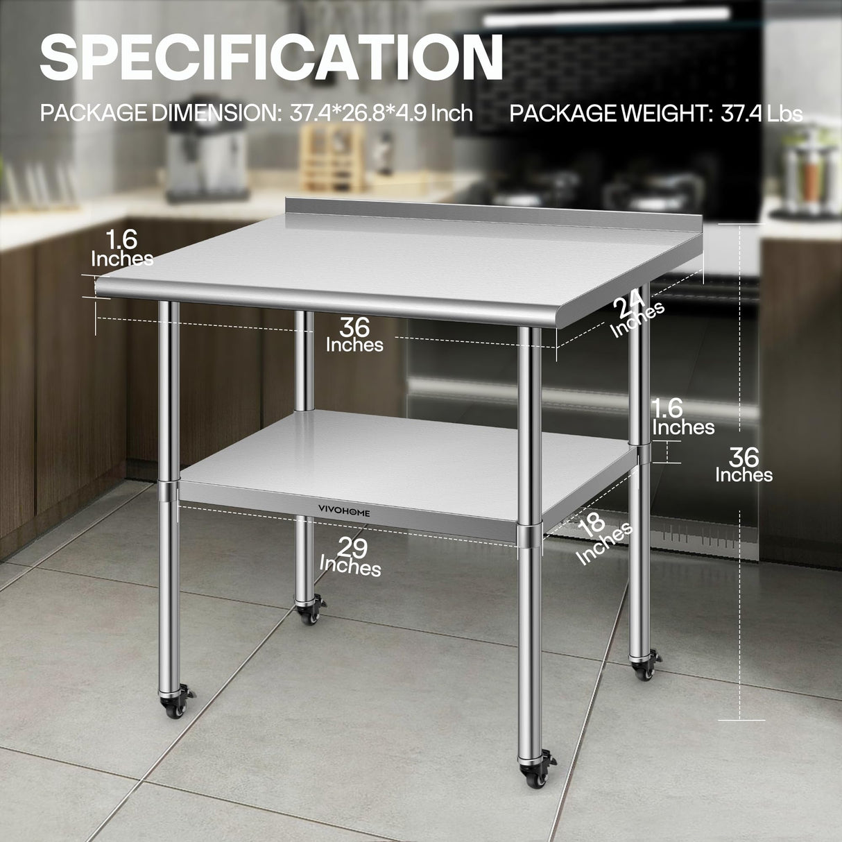 VIVOHOME 24 x 36 Inch Stainless Steel Work Table with Backsplash, Prep Commercial Table with Wheels for Restaurant, Hotel, Home and Warehouse