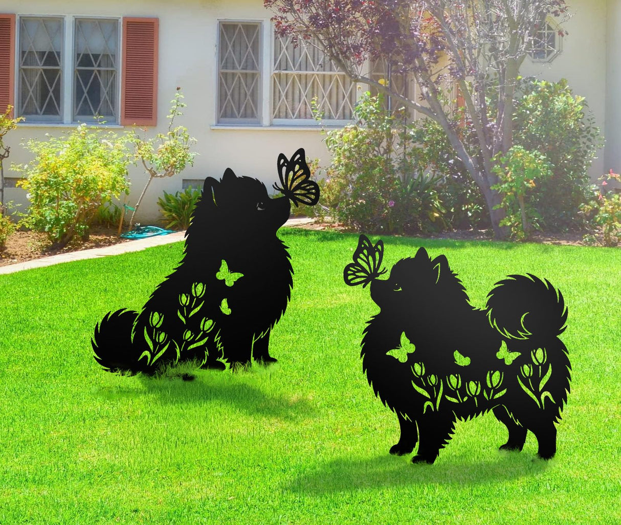 Pomeranian Metal Decorative Garden Stakes for Memorial Yard Art, Lawn Ornaments, Outdoor Decor 2 PCS