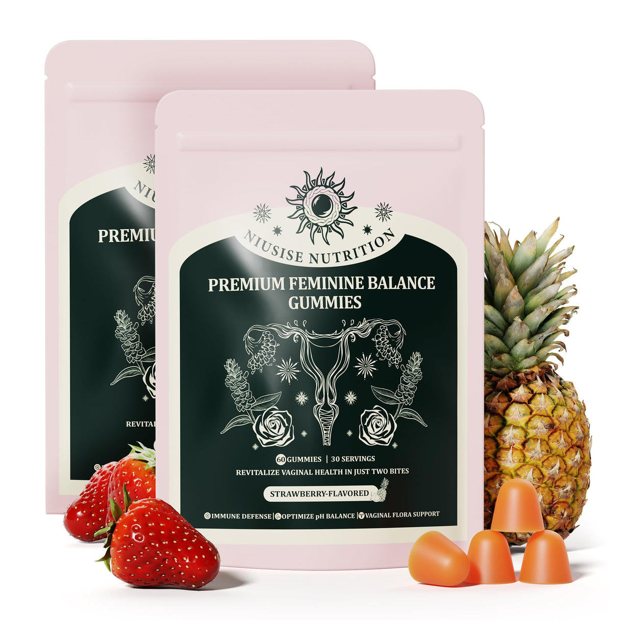 NIUSISE Feminine Balance Gummies, Premium Balance Supplement for Women PH Health, Immune Support, Energy Support, Vegan, Gluten-Free, Strawberry Flavor, 120 Gummies, 60 Servings 2 Pack