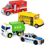 JOYIN 4 Pcs 7" Long Vehicle Toy Set, Toddlers Cars with Lights and Siren Sound, Including Play Police Car, School Bus, Garbage Truck, Ambulance, Birthday Christmas Party Gifts Toys for Boys 3-5
