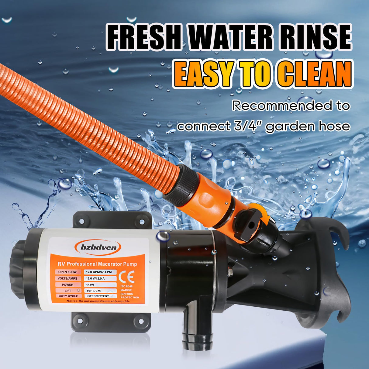 RV Macerator Pump 12V,Portable Macerator Waste Pump,12GPM Suction 3.2 feet Lift 10 feet with Garden Hose Discharge Port,Quick Release Sewage Pump with Fresh Water Crushing for Halloween Christmas