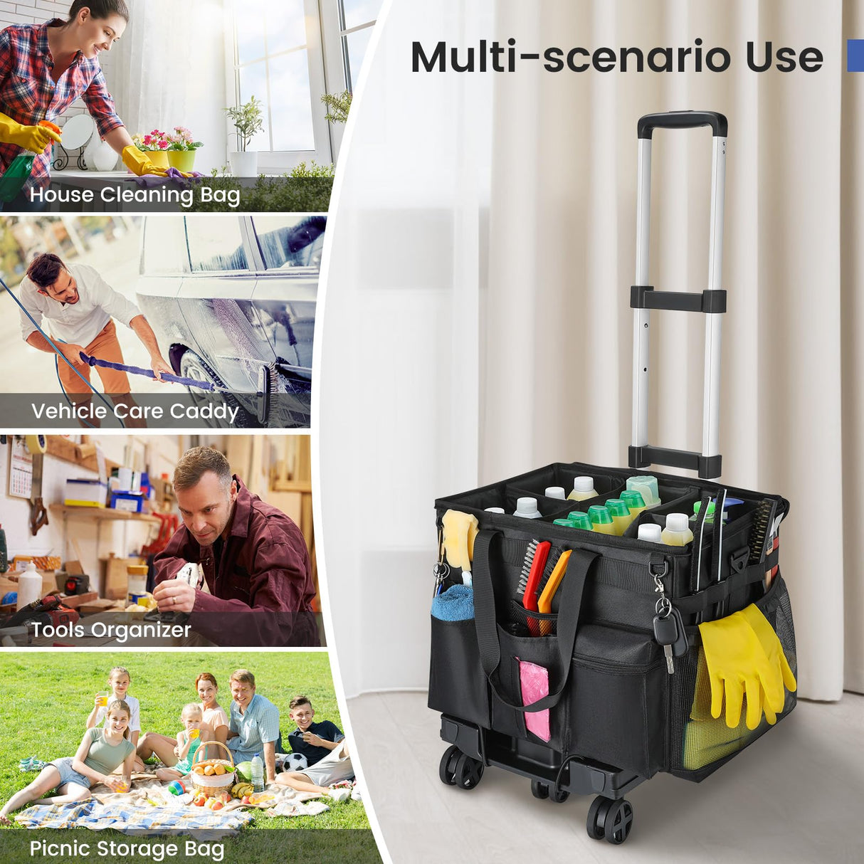Housolution Extra Large Rolling Cleaning Caddy Bag with Detachable Trolley, Upgraded 360° Free Rotating with 5 Wheels and Dust-Proof Lid, Professional Cleaning Supplies Bag for Housekeepers, Black